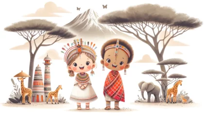 Foto op Aluminium Girl and boy in traditional African, Joyful illustration of children in traditional African attire with savanna wildlife and Mount Kilimanjaro in the background.  © NongKirana