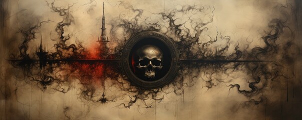 A skull in a dark, smoky background with a red glow. - obrazy, fototapety, plakaty