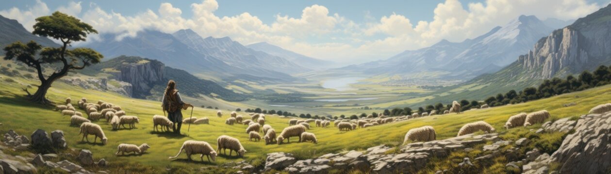 A painting of a shepherd with his sheep in a lush green valley with mountains in the distance.