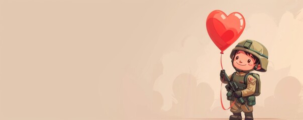 Cartoon soldier with a heart balloon, isolated background, cute symbol of peace in military conflicts