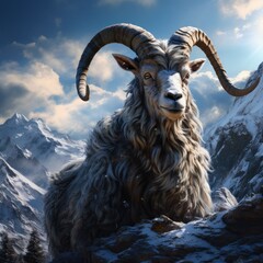 A majestic ram stands on a snowy mountaintop, looking out over the world below. - obrazy, fototapety, plakaty