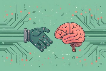 Cute computer chip and human brain handshake, minimalist background, AI and human collaboration