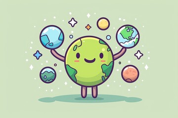 Cute earth character juggling water, oil, and mineral icons, minimalist background, global resource struggle