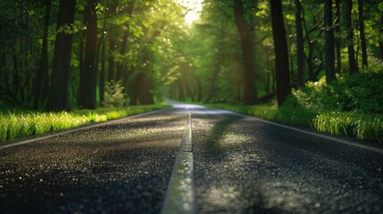 Road Forest, Road in the forest, A highway road passes through a forest, blurred lens flare light,...