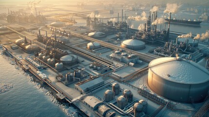 A large industrial complex with large LNG storage tanks, designed to store liquefied natural gas at...