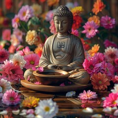 Realistic picture of  Buddha statue surrounded by colorful flowers  Complete with a bowl of water and floating jasmine flowers - obrazy, fototapety, plakaty