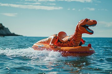 Photo of an inflatable dinosaur riding a jet ski and riding waves in the sea On a day with clear skies, thin clouds, soft sunlight, a clear, realistic picture at the HD level Nature landscape - obrazy, fototapety, plakaty
