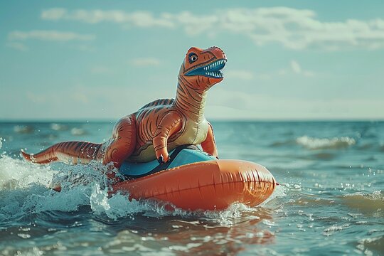 Photo of an inflatable dinosaur riding a jet ski and riding waves in the sea On a day with clear skies, thin clouds, soft sunlight, a clear, realistic picture at the HD level Nature landscape