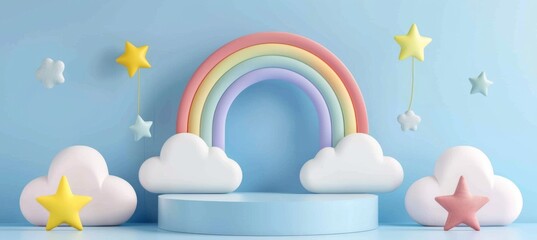 Rainbow with clouds on the podium 3d render. Illustration of a holiday, weather, children's mock-up