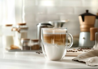 A Double-Walled Glass Mug Showcases a Perfect Latte With Distinct Layers of Milk and Espresso, Casting a Soft Glow on the White Countertop