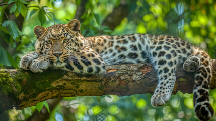 White amur leopard on tree branch - obrazy, fototapety, plakaty