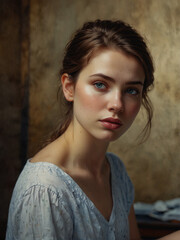 Fototapeta premium Young woman with ponytail posing indoors for a portrait photo shoot