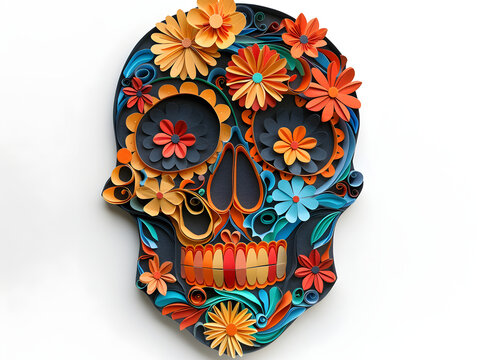 A colorful skull is painted with flowers and is on an clean background.