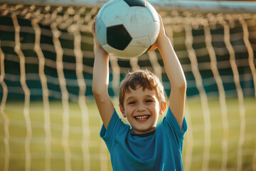 A young boy in a blue soccer jersey is celebrating a goal with the ball over his head on a green field near a football gate, laughing and looking happy during a summer sports camp for kids