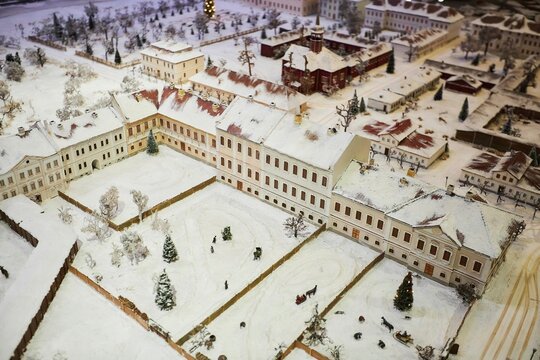 St. Petersburg, Russia - June 03, 2021: A large mock-up of the history of St. Petersburg "Petrovsky Aquatoria". Museum of miniature scenes from the history of the city of St. Petersburg.