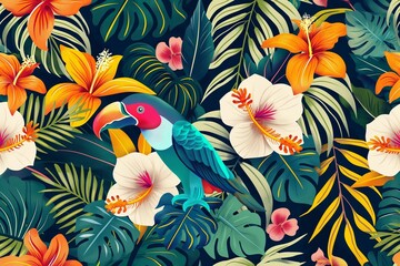 Tropical Paradise Pattern Featuring Vibrant Flora and Toucan