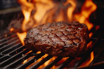 Juicy Ribeye Steak Sizzling on a Flaming Grill