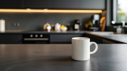A stylish coffee cup sits on an island or table countertop in a modern home kitchen, evoking a warm