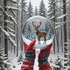 A pair of hands wearing red knit gloves holds a transparent snow globe with a stately buck deer inside, set against a wintry forest backdrop - 783837828