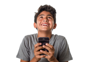 Smiling Boy with Phone on Transparent