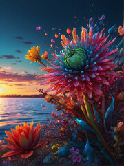 Fototapeta na wymiar Tranquil Waterside Garden: Colorful Flowers by the Lake at Sunset