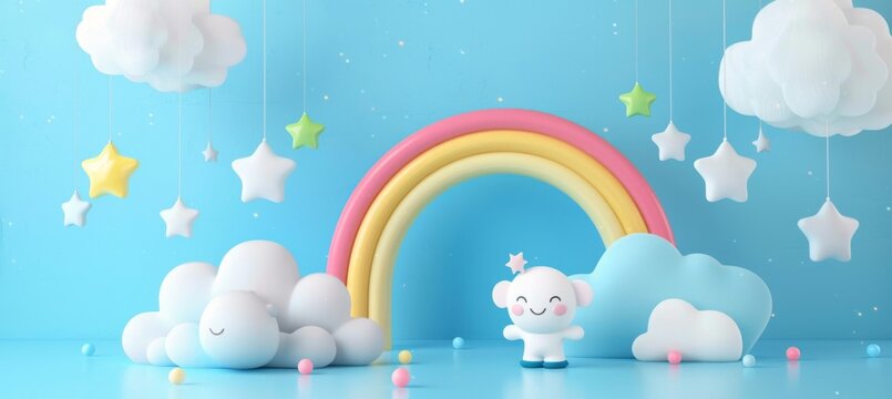 Rainbow with clouds on the podium 3d render. Illustration of a holiday, weather, children's mock-up