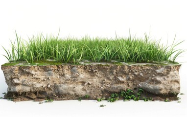 round soil ground cross section with earth land and green grass, realistic circle cutaway terrain floor with rock isolated - obrazy, fototapety, plakaty