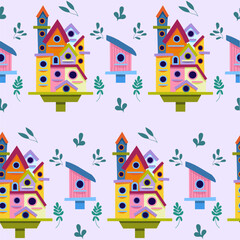 seamless pattern of various wooden birdhouses and multi-storey birdhouse, hand-painted to decorate children's spring holidays, decor and design of gift packaging and postcards