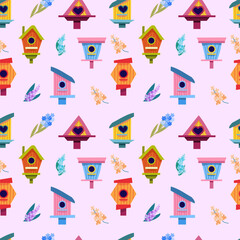 seamless pattern of different wooden birdhouses, hand-drawn for the decoration of children's spring holidays, decor and design of gift packaging and postcards