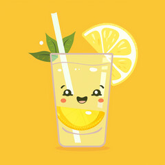 A minimalist vector illustration of a charming lemonade glass with a kawaii face, complete with a lemon slice and a striped straw against a yellow background.
