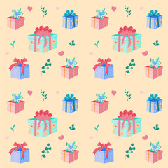 seamless pattern  of cute gifts  decorated with flowers, leaves and bows, illustrations in a flat Hand -drawn cartoon style. For design of packaging, wallpaper, product design