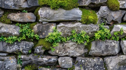 A natural scene of moss and various small vegetation thriving in the crevices between compact rocks