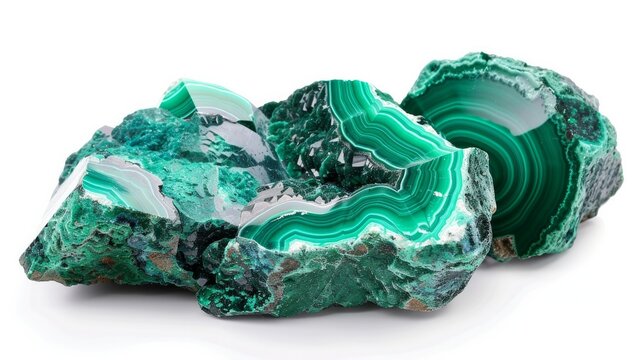 A striking image of malachite, a vibrant green mineral stone, beautifully isolated on a white background