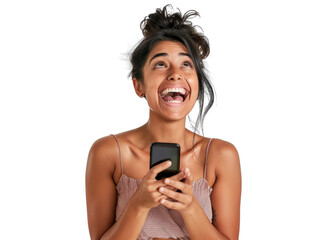 Joyful Woman with Phone on Transparent