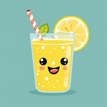 A minimalist vector illustration of a charming lemonade glass with a kawaii face, complete with a lemon slice and a striped straw against a calm teal background.

