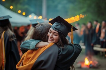 Graduates gathered around the fire, hugging and congratulating each other. Graduation ceremony. Picnic 