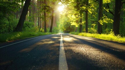 Fototapeta premium Road Forest, Road in the forest, A highway road passes through a forest, blurred lens flare light, sunlight morning, sun rising, 