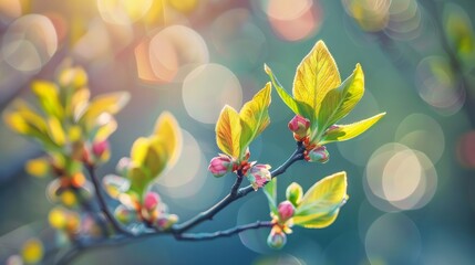 A delicate macro shot capturing the gentle emergence of spring leaves, buds, and branches