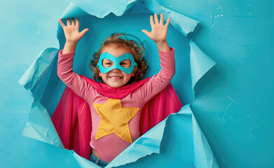 photo of happy child in a superhero costume and mask, behind a blue paper cut out background with a hole in the center, hands up, a yellow star on a pink shirt