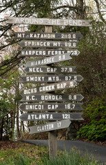 Appalachian Trail signage showing different locations along the way to aid hikers on their journey