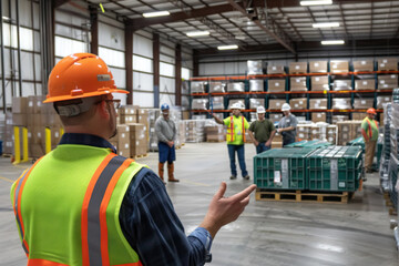 Warehouse Supervisor with Safety Helmet Gesturing and Overseeing Operations