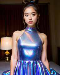 Una hermosa chica asiática,de actitud muy seria, vistiendo un encantador vestido holográfico