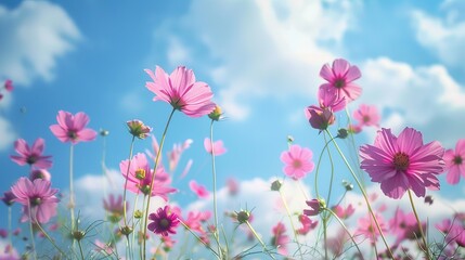 breathtaking view of a vibrant field filled with colorful cosmos flowers swaying in the breeze - obrazy, fototapety, plakaty