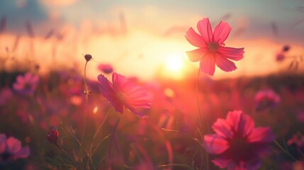 breathtaking view of a vibrant field filled with colorful cosmos flowers swaying in the breeze - obrazy, fototapety, plakaty
