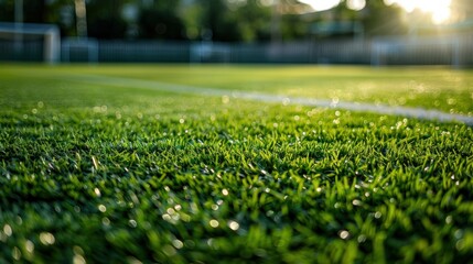 A realistic illustration of a football or soccer field, featuring a well-maintained green grass effect - obrazy, fototapety, plakaty
