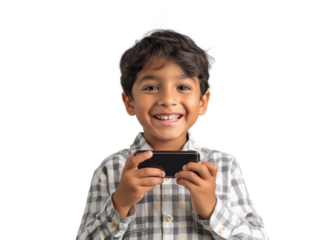 Smiling Boy with Phone on Transparent