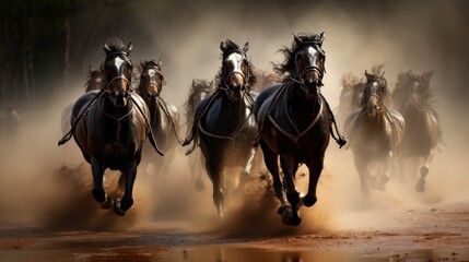 A group of horses is galloping in a field. - obrazy, fototapety, plakaty