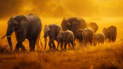 Herd of Elephants in Africa walking through the grass in National Park.