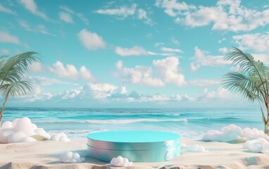 Summer tropical background, Podium on sand beach on sea background, Mock up for the exhibitions, Presentation of products, 3d render 