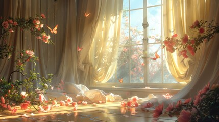   A room filled with floral floor arrangements and a sizable window revealing an outdoor view - obrazy, fototapety, plakaty